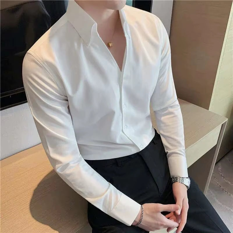 British Casual Slim Shirt Dress Camisa Masculina Social Spring Italian V-Neck Shirt 2021 Summer Men Short Sleeve Simple Shirt