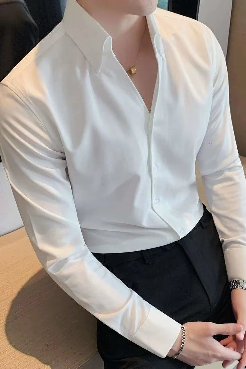 British Casual Slim Shirt Dress Camisa Masculina Social Spring Italian V-Neck Shirt 2021 Summer Men Short Sleeve Simple Shirt