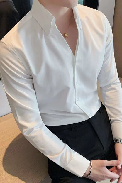 British Casual Slim Shirt Dress Camisa Masculina Social Spring Italian V-Neck Shirt 2021 Summer Men Short Sleeve Simple Shirt