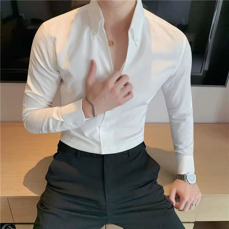 British Casual Slim Shirt Dress Camisa Masculina Social Spring Italian V-Neck Shirt 2021 Summer Men Short Sleeve Simple Shirt