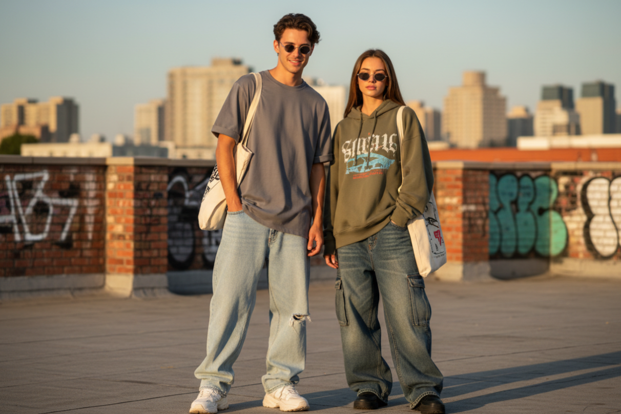 chico y chica usando ropa baggy 